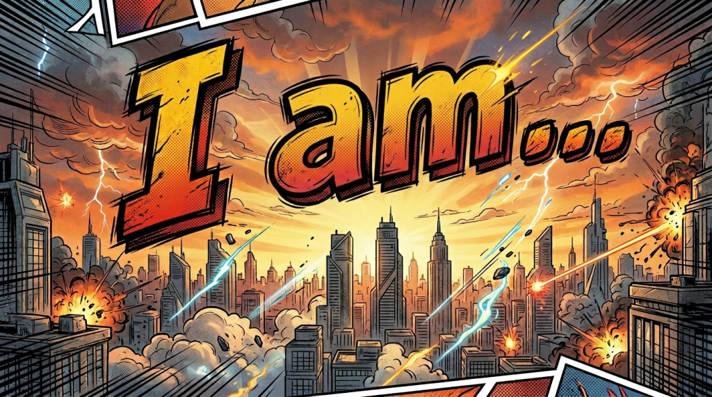 Superhero flying with cape over city under attack with explosions and lightning